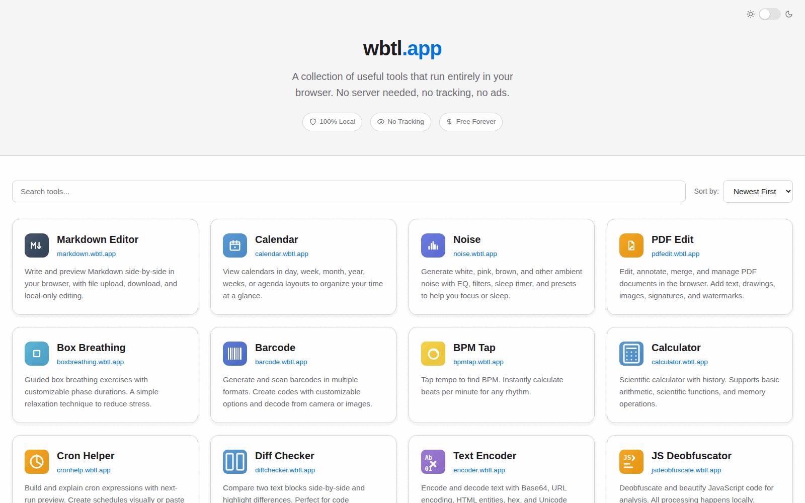 The wbtl.app tool collection — 100% local, no tracking, free forever